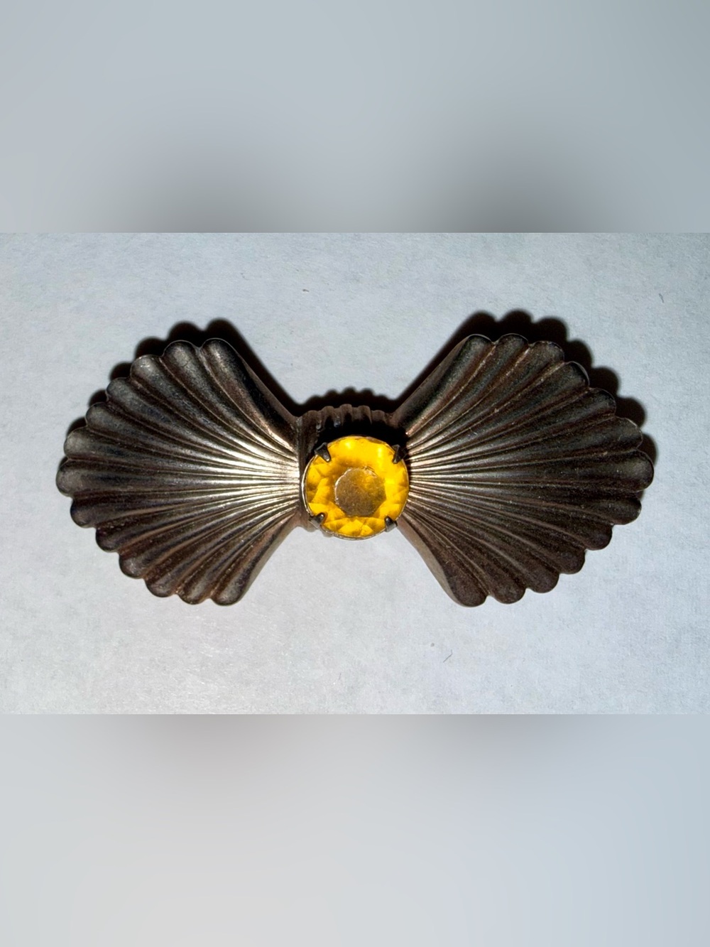 Vintage Bow Fan Shell Brooch with Yellow Stone Cabochon